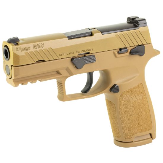 Sig Sauer, M18,  Striker Fired, Semi-automatic, Polymer Frame, Compact, 9MM, 3.9" Barrel, PVD Finish, Coyote Tan, SIGLITE Night Sights, Manual Thumb Safety, Optics Ready, 3 Magazines, (1) 17-Round and (2) 21-Round, P320 Carry, 798681715190, FFL-SIG-M18-9-CSS-MS, RTG Parts