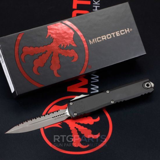 Picture of MICROTECH ULTRATECH GEN III ZERO BLADE PLAY OTF AUTOMATIC KNIFE, BLACK, 3.5" M390 D/E DAGGER, FULL SERRATED, APOCALYPTIC, 1122-12AP