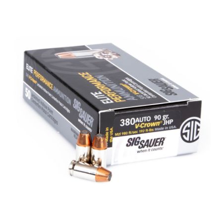 SIG P365 380ACP 90GR ELITE V-CROWN JHP, DESIGNED FOR SHORT BARRELS, 50RD BOX, SIG P365 FMJ Elite Performance V-Crown JHP, Reduces Felt Recoil, Jacketed Hollow Point, 798681537716, AMMO-SIG-E380A1-50, RTG Parts