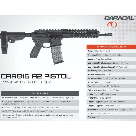 CARACAL CAR816 A2 11.5" PISTOL, SHORT STROKE PISTON, BLACK