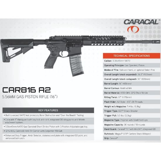 Caracal USA, CAR816 A2 Rifle, 5.56mm, 16", Black, Short Stroke Piston, 819558020176, FFL-CAR-U80021041, RTG Parts