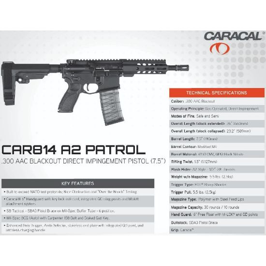 Caracal USA, CAR814 A2 PATROL Pistol, Direct Impingement, 300 Blackout, 7.5", Black, 819558020473, FFL-CAR-U80021196, RTG Parts
