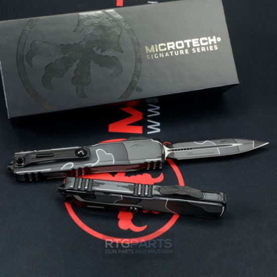 Picture of MICROTECH ULTRATECH GEN III ZBP OTF AUTOMATIC KNIFE, URBAN CAMO COMIC STRIP, 3.5" M390 D/E DAGGER, 1122-1UCCOMICS