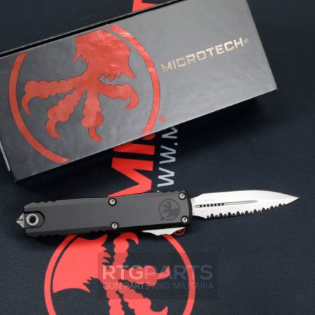 Picture of MICROTECH UTX-85 GEN IV OTF AUTOMATIC KNIFE, BLACK, 3.125" M390 D/E DAGGER, FULL SERATED, STONEWASH, 12324-12