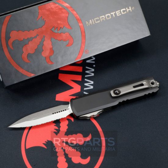 Picture of MICROTECH UTX-85 GEN IV OTF AUTOMATIC KNIFE, BLACK, 3.125" M390 D/E DAGGER, FULL SERATED, STONEWASH, 12324-12