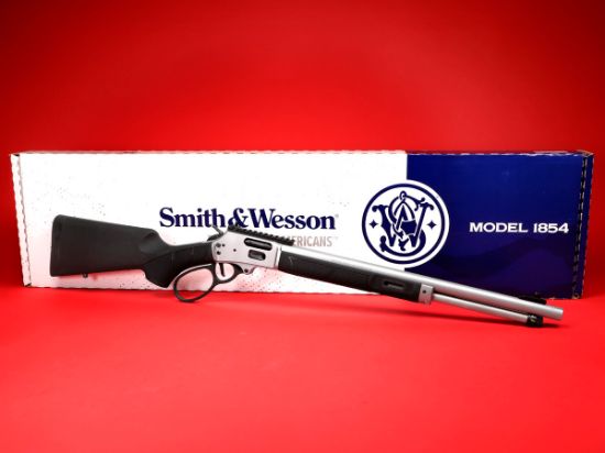Smith & Wesson, 1854, Lever Action Rifle, 44 Magnum, 19.25" Threaded Barrel, 11/16-24 Thread Pitch, Satin Finish, Stainless Steel, Black Synthetic Stock, M-LOK Handguard, XS Ghost Ring Rear Sight, Gold Bead Front Sight, Cross Bolt Safety, 9 Rounds, 022188896862, FFL-SW-13812, RTG Parts