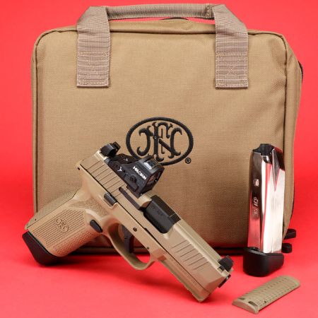 FN America, 545 MRD NMS With Holosun 407C Red Dot Sight, Striker Fired, Semi-automatic, Polymer Frame Pistol, Mid-Size, 45 ACP, 4.1" Barrel, Matte Finish, Flat Dark Earth, Non-Manual Safety, Optic Height Sights, Two 15rd Magazines, 845737015725, FFL-FN-66-101918, RTG Parts