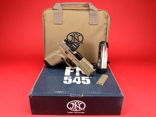 FN America, 545 MRD NMS With Holosun 407C Red Dot Sight, Striker Fired, Semi-automatic, Polymer Frame Pistol, Mid-Size, 45 ACP, 4.1" Barrel, Matte Finish, Flat Dark Earth, Non-Manual Safety, Optic Height Sights, Two 15rd Magazines, 845737015725, FFL-FN-66-101918, RTG Parts