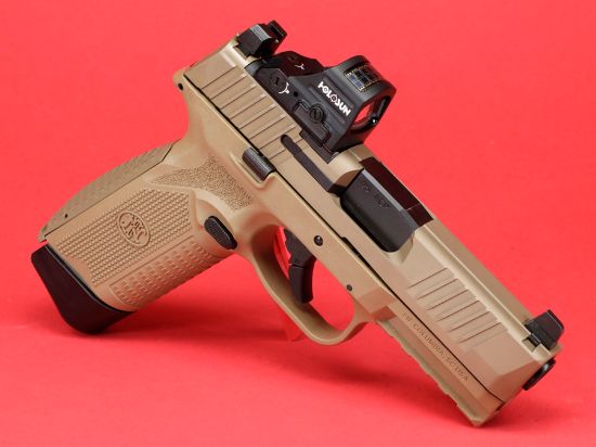FN America, 545 MRD NMS With Holosun 407C Red Dot Sight, Striker Fired, Semi-automatic, Polymer Frame Pistol, Mid-Size, 45 ACP, 4.1" Barrel, Matte Finish, Flat Dark Earth, Non-Manual Safety, Optic Height Sights, Two 15rd Magazines, 845737015725, FFL-FN-66-101918, RTG Parts