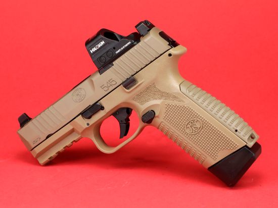 FN America, 545 MRD NMS With Holosun 407C Red Dot Sight, Striker Fired, Semi-automatic, Polymer Frame Pistol, Mid-Size, 45 ACP, 4.1" Barrel, Matte Finish, Flat Dark Earth, Non-Manual Safety, Optic Height Sights, Two 15rd Magazines, 845737015725, FFL-FN-66-101918, RTG Parts