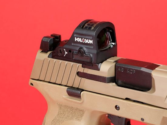 FN America, 545 MRD NMS With Holosun 407C Red Dot Sight, Striker Fired, Semi-automatic, Polymer Frame Pistol, Mid-Size, 45 ACP, 4.1" Barrel, Matte Finish, Flat Dark Earth, Non-Manual Safety, Optic Height Sights, Two 15rd Magazines, 845737015725, FFL-FN-66-101918, RTG Parts