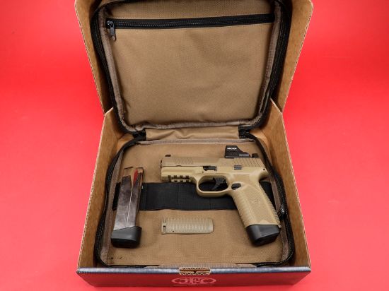 FN America, 545 MRD NMS With Holosun 407C Red Dot Sight, Striker Fired, Semi-automatic, Polymer Frame Pistol, Mid-Size, 45 ACP, 4.1" Barrel, Matte Finish, Flat Dark Earth, Non-Manual Safety, Optic Height Sights, Two 15rd Magazines, 845737015725, FFL-FN-66-101918, RTG Parts