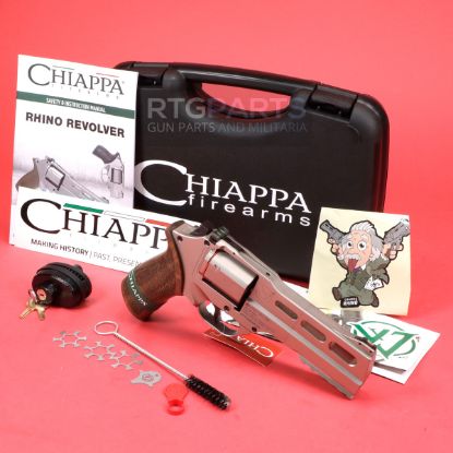 Chiappa Firearms, Rhino 50DS Revolver, Double Action/Single Action, 357 Magnum/38 Special, 5" Barrel, Alloy, Nickel Finish, Walnut Grips, Fiber Optic Front Sight, Adjustable Rear Sight, 6 Rounds, 3 Moon Clips, 8053670712188, FFL-CHIAPPA-340223, RTG Parts