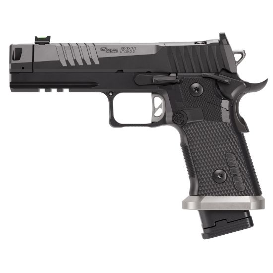 Sig Sauer, P211, Semi-automatic, Single Action Only, Metal Frame Pistol, Full Size, 9MM, 4.4" Barrel, MACH3D Compensator, Nitron Finish, Black, Sig-Loc Pro Footprint Optics Ready Slide, Fiber Optic Sights, Flared Magwell, 3 Magazines, (2)-21 Round & (1)-23 Round, 798681728077, FFL-SIG-211F-9-GTO, RTG Parts