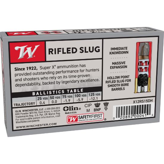 Winchester Ammunition, Super-X, 12 Gauge, 2.75", 1oz., Rifled Slug, Hollow Point, 5 Round Box, 5rd, 020892000414, AMMO-X12RS15, RTG Parts