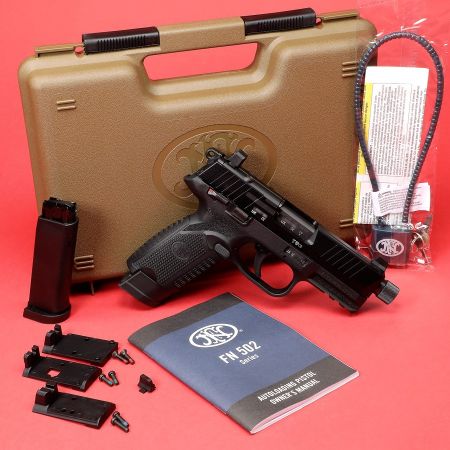 FN America, 502T, Tactical, Single Action Only, Semi-automatic, Polymer Frame Pistol, Compact Size, 22 LR, 4.6" Threaded Barrel, 1/2X28 Thread Pitch, Black, Fixed Suppressor Height Sights, Ambidextrous Thumb Safety, No Decocker, Optics Ready Slide, 2 Magazines, (1)-10 Round and (1)-15 Round, 845737013295, FFL-FN-66-101010, RTG Parts