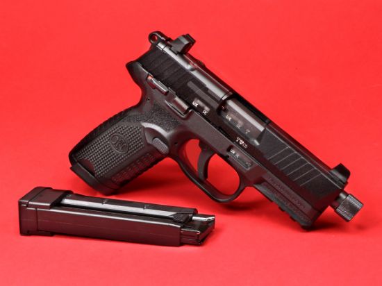 FN America, 502T, Tactical, Single Action Only, Semi-automatic, Polymer Frame Pistol, Compact Size, 22 LR, 4.6" Threaded Barrel, 1/2X28 Thread Pitch, Black, Fixed Suppressor Height Sights, Ambidextrous Thumb Safety, No Decocker, Optics Ready Slide, 2 Magazines, (1)-10 Round and (1)-15 Round, 845737013295, FFL-FN-66-101010, RTG Parts