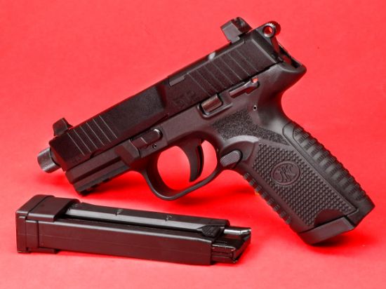 FN America, 502T, Tactical, Single Action Only, Semi-automatic, Polymer Frame Pistol, Compact Size, 22 LR, 4.6" Threaded Barrel, 1/2X28 Thread Pitch, Black, Fixed Suppressor Height Sights, Ambidextrous Thumb Safety, No Decocker, Optics Ready Slide, 2 Magazines, (1)-10 Round and (1)-15 Round, 845737013295, FFL-FN-66-101010, RTG Parts