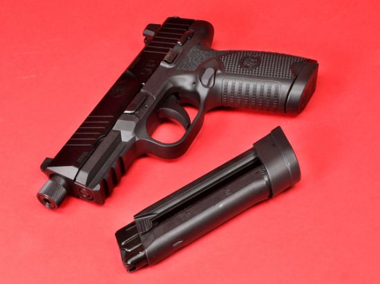 FN America, 502T, Tactical, Single Action Only, Semi-automatic, Polymer Frame Pistol, Compact Size, 22 LR, 4.6" Threaded Barrel, 1/2X28 Thread Pitch, Black, Fixed Suppressor Height Sights, Ambidextrous Thumb Safety, No Decocker, Optics Ready Slide, 2 Magazines, (1)-10 Round and (1)-15 Round, 845737013295, FFL-FN-66-101010, RTG Parts