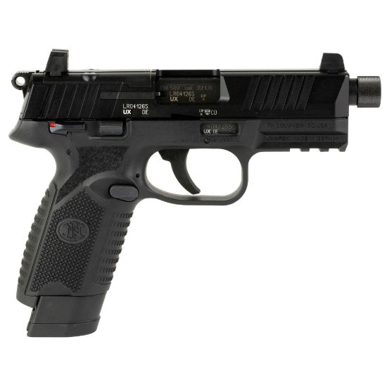 FN America, 502T, Tactical, Single Action Only, Semi-automatic, Polymer Frame Pistol, Compact Size, 22 LR, 4.6" Threaded Barrel, 1/2X28 Thread Pitch, Black, Fixed Suppressor Height Sights, Ambidextrous Thumb Safety, No Decocker, Optics Ready Slide, 2 Magazines, (1)-10 Round and (1)-15 Round, 845737013295, FFL-FN-66-101010, RTG Parts