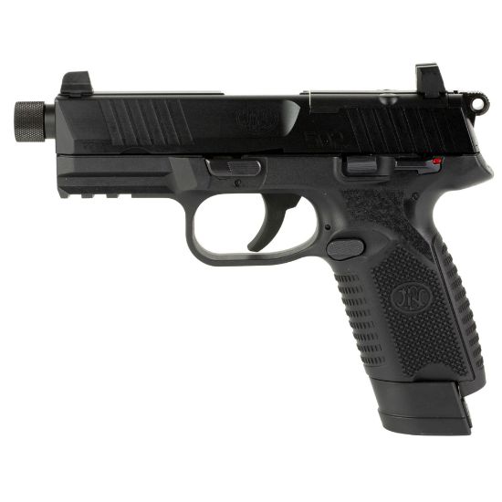FN America, 502T, Tactical, Single Action Only, Semi-automatic, Polymer Frame Pistol, Compact Size, 22 LR, 4.6" Threaded Barrel, 1/2X28 Thread Pitch, Black, Fixed Suppressor Height Sights, Ambidextrous Thumb Safety, No Decocker, Optics Ready Slide, 2 Magazines, (1)-10 Round and (1)-15 Round, 845737013295, FFL-FN-66-101010, RTG Parts