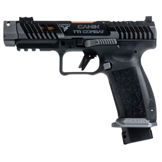 CANIK, TTI Combat, Striker Fired, Semi-automatic, Polymer Framed Pistol, Full Size, 9MM, 4.6" Fluted Barrel, Quick Detach Canik Compensator, Cerakote Finish, Smoke, 3-Dot Sights, Holster, Punch and Toolkit, Cleaning Kit, Hard Case, 18 Rounds, 2 Magazines, 787450967632, FFL-CANIK-HG7854S-N, RTG Parts