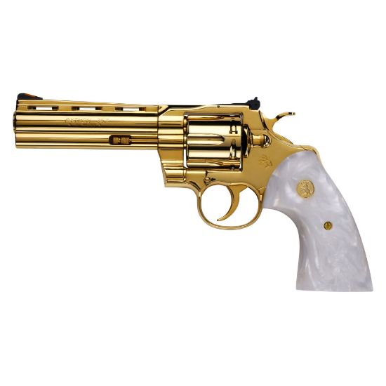 Colt's Manufacturing, Python, Revolver, Double/Single Action, 357 Magnum, 5", 24K Gold Frame, 24K Gold Parts, Pearlite Creme Grips With Gold Colt Emblem, 6 Rounds, 1:14, Stainless Steel, Blade Front/Adjustable Rear, Premium Black And Gold Wooden Case With Certificate Of Authenticity, 850050514770,  FFL-COLT-PYTHON-SP5WTS-GLDSEC, RTG Parts