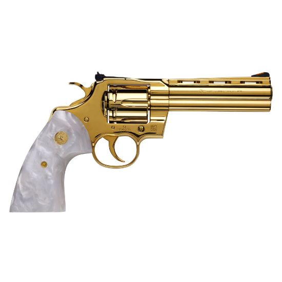 Colt's Manufacturing, Python, Revolver, Double/Single Action, 357 Magnum, 5", 24K Gold Frame, 24K Gold Parts, Pearlite Creme Grips With Gold Colt Emblem, 6 Rounds, 1:14, Stainless Steel, Blade Front/Adjustable Rear, Premium Black And Gold Wooden Case With Certificate Of Authenticity, 850050514770,  FFL-COLT-PYTHON-SP5WTS-GLDSEC, RTG Parts