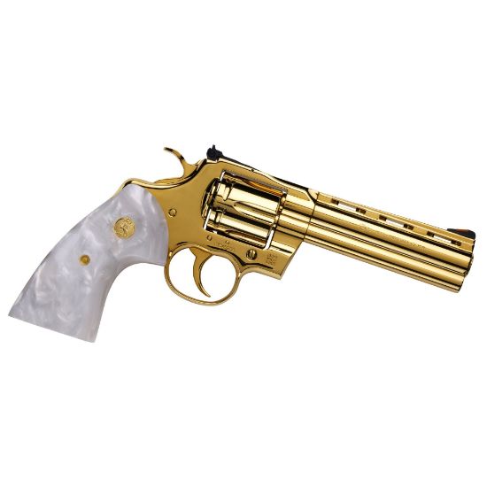 Colt's Manufacturing, Python, Revolver, Double/Single Action, 357 Magnum, 5", 24K Gold Frame, 24K Gold Parts, Pearlite Creme Grips With Gold Colt Emblem, 6 Rounds, 1:14, Stainless Steel, Blade Front/Adjustable Rear, Premium Black And Gold Wooden Case With Certificate Of Authenticity, 850050514770,  FFL-COLT-PYTHON-SP5WTS-GLDSEC, RTG Parts