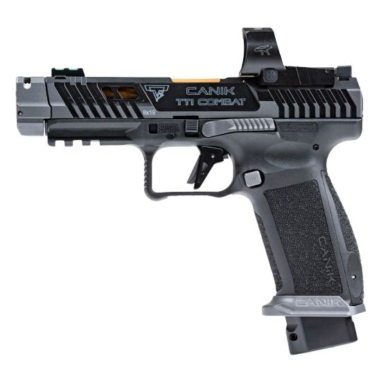 CANIK, TTI Combat, Striker Fired, Semi-automatic, Polymer Framed Pistol, Full Size, 9MM, 4.6" Fluted Barrel, Quick Detach Canik Compensator, Cerakote Finish, Smoke, 3-Dot Sights, MeCanik MO3 Optic, Holster, Punch and Toolkit, Cleaning Kit, Hard Case, 18 Rounds, 2 Magazines, 787450968264, FFL-CANIK-HG7854SV-N, RTG Parts