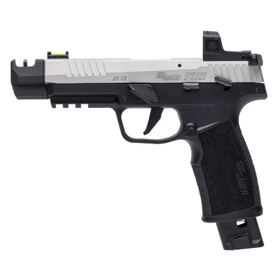 Sig Sauer, P322 Competition with ROMEO RS Compact, Semi-automatic, Single Action Only, Polymer Frame Pistol, Full Size, 22LR, 4" Threaded Barrel with 2-Port Compensator, Manual Safety, Matte Finish, Black Frame with Clear Anodized Silver Slide, ROMEO RS Compact Optic, Sport Takedown Lever, 2 Mags (1)-20rd and (1)-25rd, 798681713448, FFL-SIG-322C-T-COMP-RS, RTG Parts