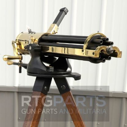 Tippmann Ordnance 16" Gold Gatling Gun, 9mm, With Oak Tripod, Hand Crank, 9MM, (8) 16" Barrels, Steel, High Polish Finish, Gold, Compatible with Glock Pattern Magazines, 33 Rounds, 1 Magazine, Includes 48" Tripod, FFL-TO-TG-916G, RTG Parts