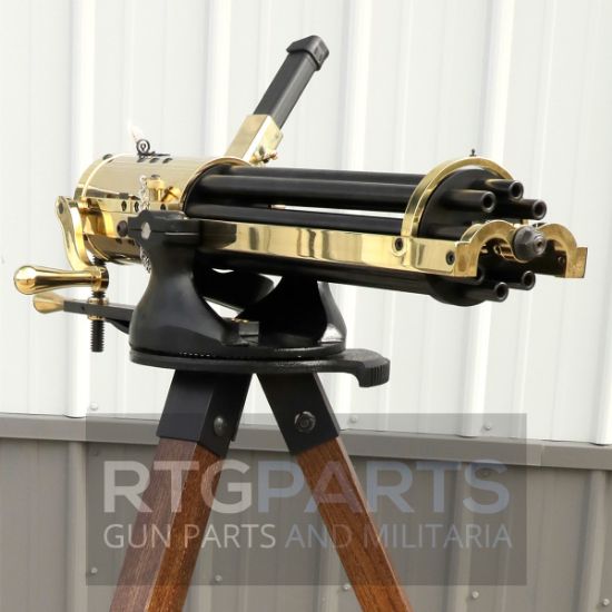 Tippmann Ordnance 16" Gold Gatling Gun, 9mm, With Oak Tripod, Hand Crank, 9MM, (8) 16" Barrels, Steel, High Polish Finish, Gold, Compatible with Glock Pattern Magazines, 33 Rounds, 1 Magazine, Includes 48" Tripod, FFL-TO-TG-916G, RTG Parts