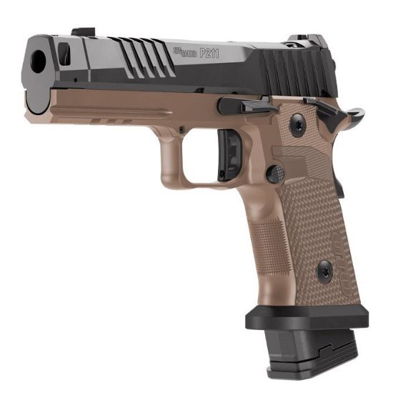 Sig Sauer, P211-GTO Combat, Semi-automatic, Single Action Only, Metal Frame Pistol, Full Size, 9MM, 4.4" Barrel, MACH3D Compensator, Nitron Finish, Black & Coyote , Sig-Loc Pro Footprint Optics Ready Slide, Fiber Optic Sights, Flared Magwell, 3 Magazines, (2)-21 Round & (1)-23 Round, 798681736706, FFL-SIG-211F-9-GTO-CBT, RTG Parts