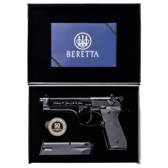 Beretta, 92SB 50th Anniversary Edition, Semi-automatic, Double Action/Single Action, Metal Frame Pistol, Full Size, 9MM, G10 Grips, Anodized Finish, Black, 4.9" Barrel, Fixed Sights, 15 Rounds, 2 Magazines, Include Challenge Coin and History Booklet, 082442062716, FFL-BERETTA-J92SB15, RTG Parts