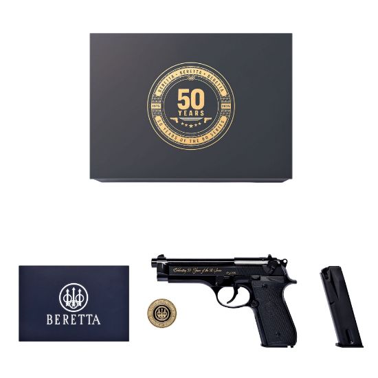 Beretta, 92SB 50th Anniversary Edition, Semi-automatic, Double Action/Single Action, Metal Frame Pistol, Full Size, 9MM, G10 Grips, Anodized Finish, Black, 4.9" Barrel, Fixed Sights, 15 Rounds, 2 Magazines, Include Challenge Coin and History Booklet, 082442062716, FFL-BERETTA-J92SB15, RTG Parts