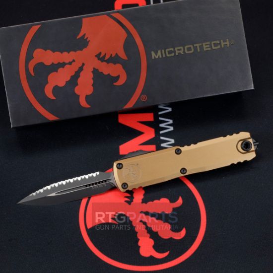 Picture of MICROTECH UTX-85 GEN IV OTF AUTOMATIC KNIFE, TAN, 3.125" M390 D/E DAGGER FULL SERRATED, 12324-3TA
