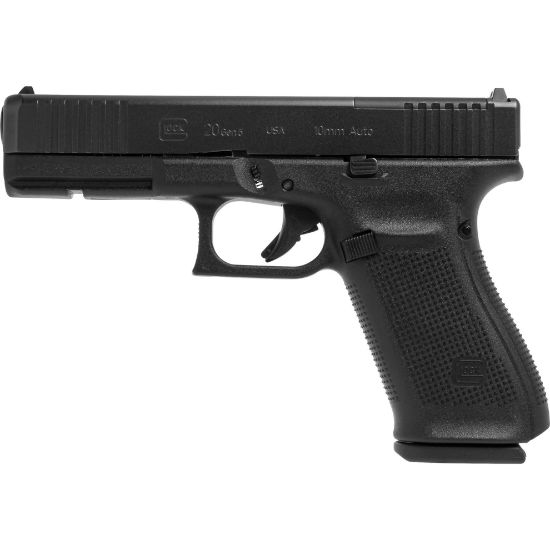 GLOCK, 20 Gen 5 M.O.S., Striker Fired, Semi-automatic, Polymer Frame Pistol, Full Size, 10MM, 4.61" Barrel, nDLC Finish, Black, Fixed Sights, Optics Ready, 15 Rounds, 3 Magazines, Comes with Glock OEM Adapter Plate 06 for Trijicon RMR Footprint, 764503059889, FFL-GLOCK-UA205S203MOS, RTG Parts