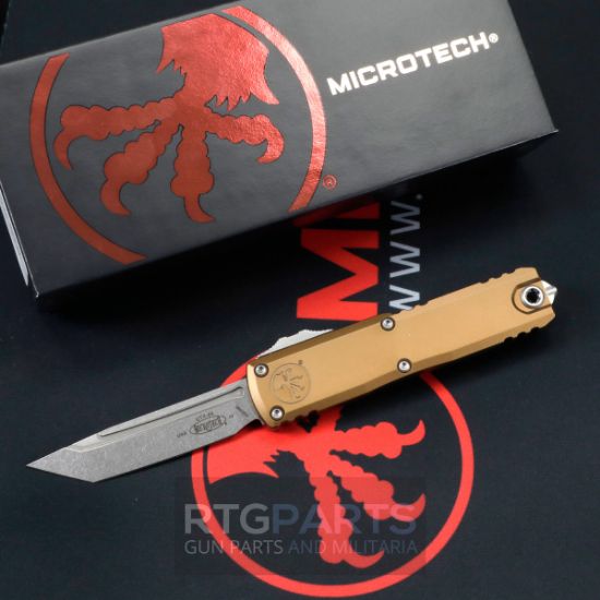 Picture of MICROTECH UTX-85 GEN IV OTF AUTOMATIC KNIFE, TAN, 3.125" M390 T/E TANTO, STONEWASH, 12334-10TA
