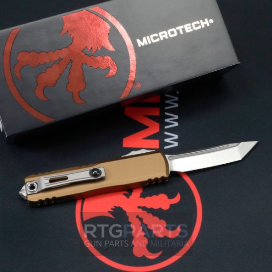 Picture of MICROTECH UTX-85 GEN IV OTF AUTOMATIC KNIFE, TAN, 3.125" M390 T/E TANTO, STONEWASH, 12334-10TA