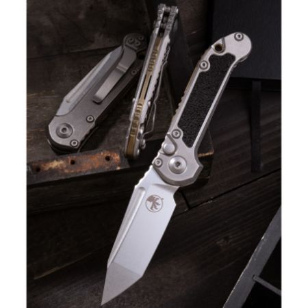 Microtech Marfione Select, L.U.D.T. Tanto Edge T/E , Auto Knife, Push Button Automatic, Titanium Slab Side Scales With Bronze Titanium Accent, Double Vapor Blast Stainless, 3.5 Inch, Tanto, M390MK, Large Underwater Demolition Team, Made in the USA, LUDT, MICROTECH-1136-10MS1, RTG Parts