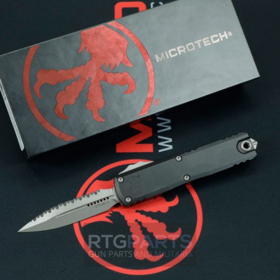 Microtech UTX-85 Gen IV, D/E OTF, Automatic Knife, Black (3.125 Inch), M390, Double Edge, Dagger, Full Serrate, Apocalyptic, Made in the USA, Made in the USA, MICROTECH-12324-12AP, RTG Parts
