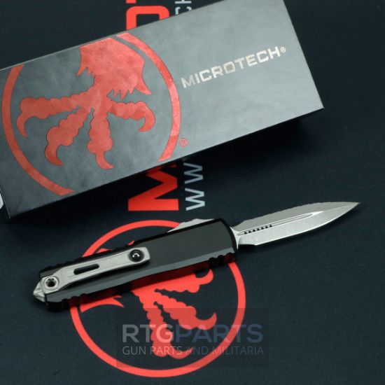 Microtech UTX-85 Gen IV, D/E OTF, Automatic Knife, Black (3.125 Inch), M390, Double Edge, Dagger, Full Serrate, Apocalyptic, Made in the USA, Made in the USA, MICROTECH-12324-12AP, RTG Parts