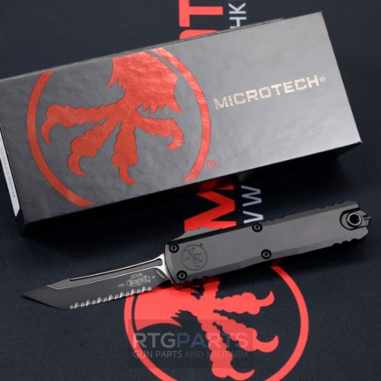 Picture of MICROTECH UTX-85 GEN IV OTF AUTOMATIC KNIFE, BLACK, 3.125" M390 T/E TANTO, FULL SERRATED, TACTICAL BLACK, 12334-3T
