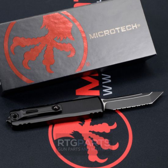 Picture of MICROTECH UTX-85 GEN IV OTF AUTOMATIC KNIFE, BLACK, 3.125" M390 T/E TANTO, FULL SERRATED, TACTICAL BLACK, 12334-3T