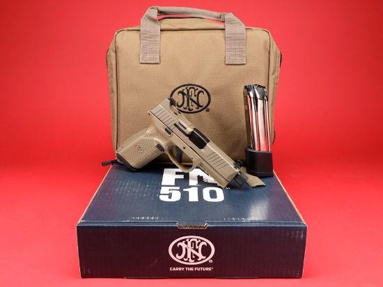 FN 510 Tactical FDE, Full Size, 10mm, 4.71" Barrel, Flat Dark Earth, 1-22Rd and 1-15Rd Magazine, Non-Manual Safety, Suppressor Height Night Sights, Low Profile Optics Mounting System, Barrel Threaded .578x28, Ambi Slide Stop Lever, Ambi Mag Release, Includes (4) MRD Mounting Plates, (2) Frame Backstraps and Premium Zippered Case, 845737015602, FFL-FN-66-101376, RTG Parts