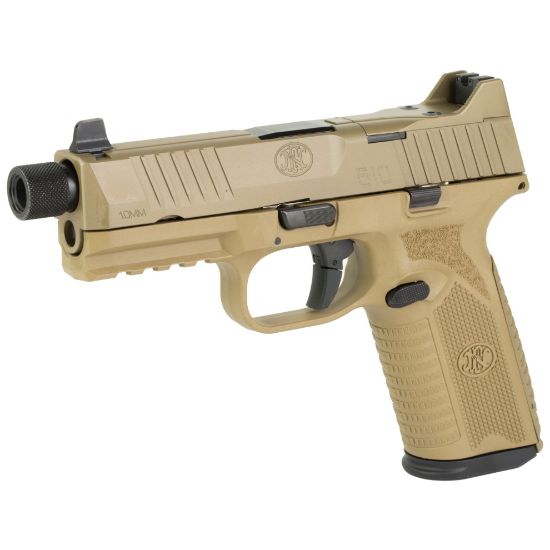 FN 510 Tactical FDE, Full Size, 10mm, 4.71" Barrel, Flat Dark Earth, 1-22Rd and 1-15Rd Magazine, Non-Manual Safety, Suppressor Height Night Sights, Low Profile Optics Mounting System, Barrel Threaded .578x28, Ambi Slide Stop Lever, Ambi Mag Release, Includes (4) MRD Mounting Plates, (2) Frame Backstraps and Premium Zippered Case, 845737015602, FFL-FN-66-101376, RTG Parts