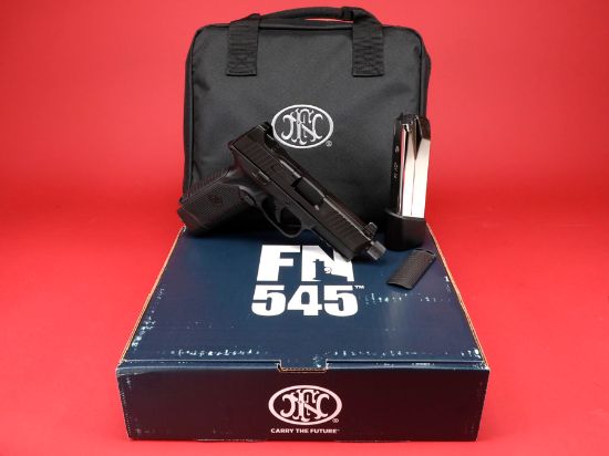 FN America, FN 545 Tactical, Full Size, 45 ACP, 4.71" Barrel, Black, 1 -18rd and 1-15rd Magazine, Non-Manual Safety, Suppressor Height Night Sights, Low Profile Optics Mounting System, Barrel Threaded .578x28, Ambi Slide Stop Lever, Ambi Mag Release, Includes (4) MRD Mounting Plates, (2) Frame Backstraps and Premium Zippered Case, 845737015664, FFL-FN-66-101383, RTG Parts
