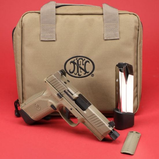 FN 545 Tactical FDE, Full Size, 45 ACP, 4.71" Barrel, Flat Dark Earth, 1 -18rd and 1-15rd Magazine, Non-Manual Safety, Suppressor Height Night Sights, Low Profile Optics Mounting System, Barrel Threaded .578x28, Ambi Slide Stop Lever, Ambi Mag Release, Includes (4) MRD Mounting Plates, (2) Frame Backstraps and Premium Zippered Case, 845737015688, FFL-FN-66-101384, RTG Parts