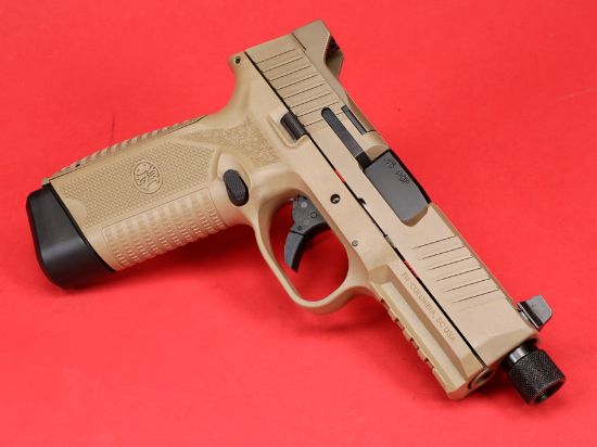 FN 545 Tactical FDE, Full Size, 45 ACP, 4.71" Barrel, Flat Dark Earth, 1 -18rd and 1-15rd Magazine, Non-Manual Safety, Suppressor Height Night Sights, Low Profile Optics Mounting System, Barrel Threaded .578x28, Ambi Slide Stop Lever, Ambi Mag Release, Includes (4) MRD Mounting Plates, (2) Frame Backstraps and Premium Zippered Case, 845737015688, FFL-FN-66-101384, RTG Parts